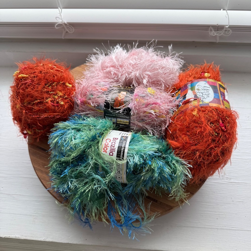 Mixed Eyelash Yarn Lot of 5 Yarn Bee Fire Opal Lion Brand Fun Fur Schachenmayr
